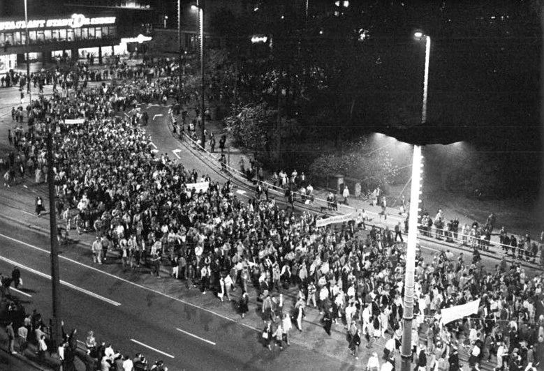 Crowds filling a street in Leipzig during a Monday demonstration in October 1989.