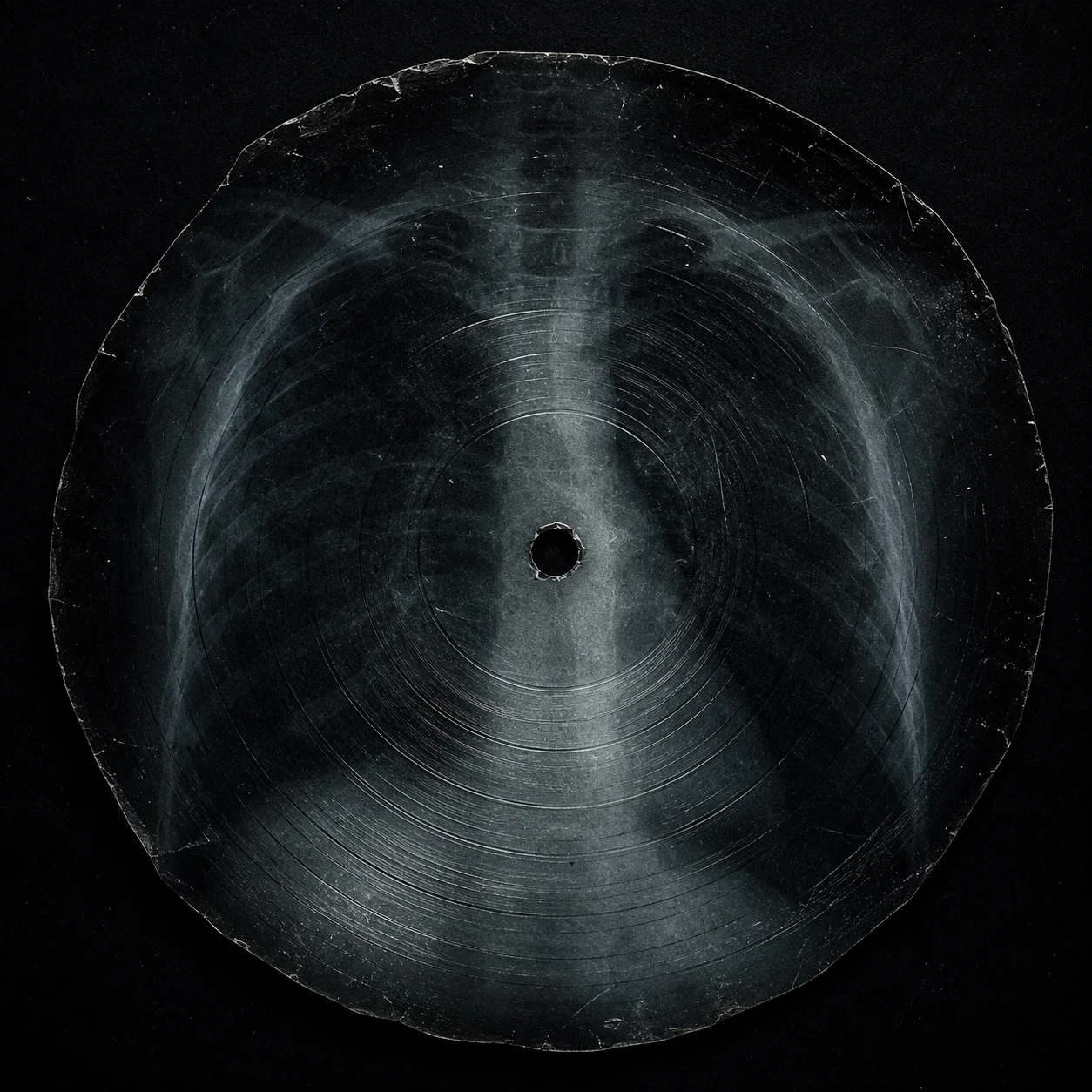 A record cut into a sheet of X-ray film showing a ribcage, with a hand-punched centre hole.